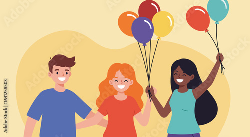 Three friends with balloons two women and one man stand smiling