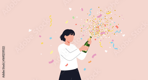 Woman popping champagne bottle with confetti explosion