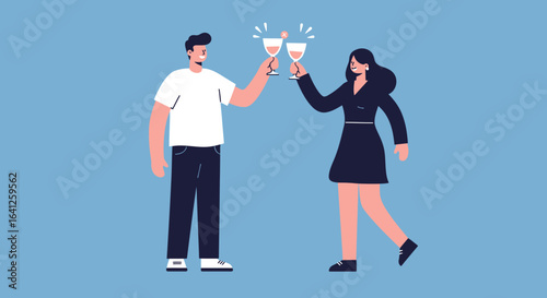 A man and woman toast with drinks against a blue background