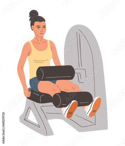 Flat style vector of a woman training legs on leg press machine in gym. Fitness workout, strength training, isolated on white background illustration