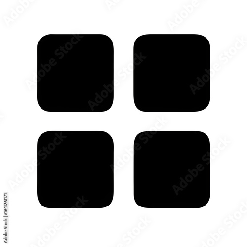 Digital menu vector icon. A modern and minimalist grid of four black squares, symbolizing app launchers, website navigation, and UI/UX design elements for digital interfaces.