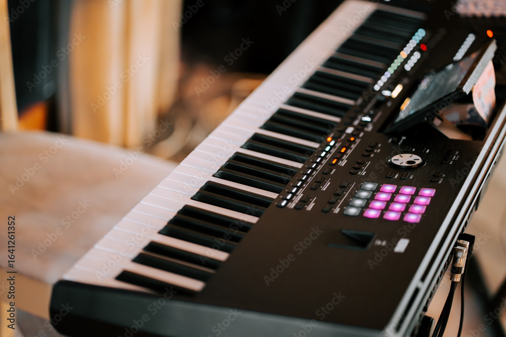 Fototapeta premium Music creation during a studio session with a synthesizer and keyboard