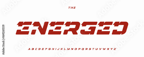 Sporty bold alphabet, futuristic speed sport font with dynamic cutout letters in geometric energetic style. Daring logo type, powerful headline typography, strong typographic design. Vector typeset.