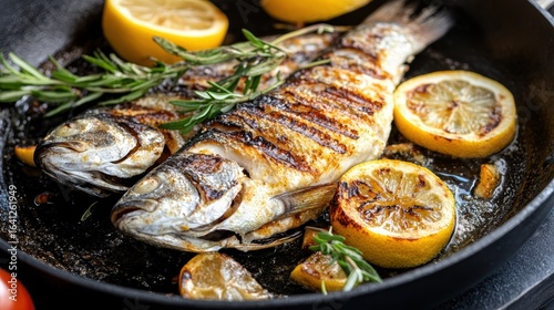 Grilled fish served with lemon slices and herbs, creating a vibrant and appetizing dish in a skillet.