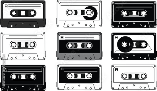 Vintage Retro Audio Cassette Tapes Music Media Graphic Art Collection Flat Vector Illustration Minimalist Style Black and White.