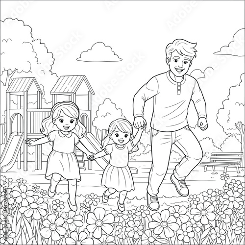Father playing with two daughters in a playground surrounded by flowers holding hands and running happily in a cute cartoon style illustration