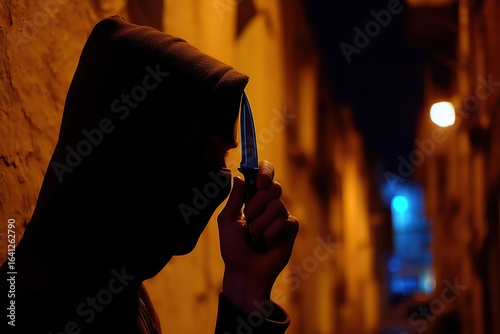 Silhouette of a hooded man with a knife in a night alley
