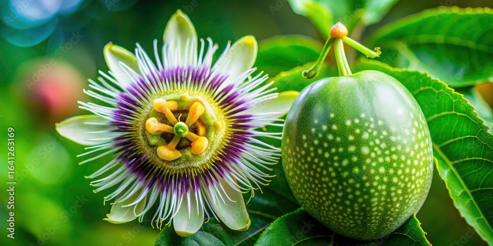 Passion fruit's life cycle: unripe green fruit, blossoming flower, stigma, to juicy, fresh, exotic sweetness. Passion fruit's life cycle: unripe green fruit, blossoming flower, stigma, to juicy, fresh, exotic sweetness.