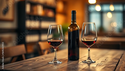 Red wine bottle and glasses on rustic wooden table with warm lighting and bokeh