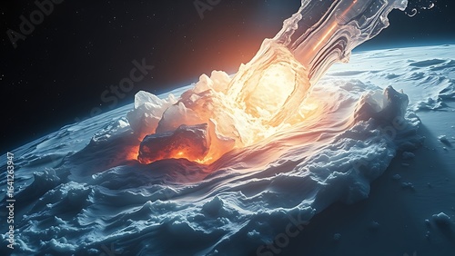Colossal comet erupting crystalline geysers refracting starlight into prismatic beams.