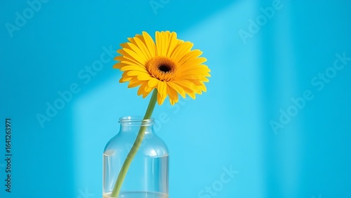 Single yellow gerbera in a simple glass vase against a bright blue backdrop with morning light.