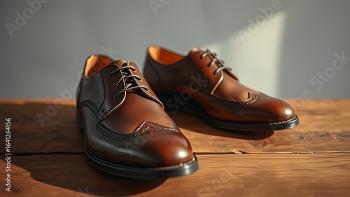 Handmade leather shoes showcased on a wooden surface, highlighting detailed craftsmanship with warm lighting.