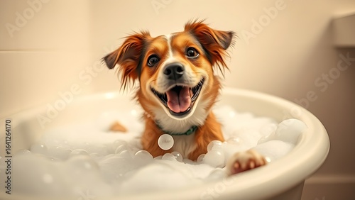 Playful dog in a bathtub filled with bubbles, showcasing joyful pet moments.