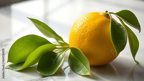 Fresh lemon with green leaves on marble, vibrant citrus fruit under natural light.