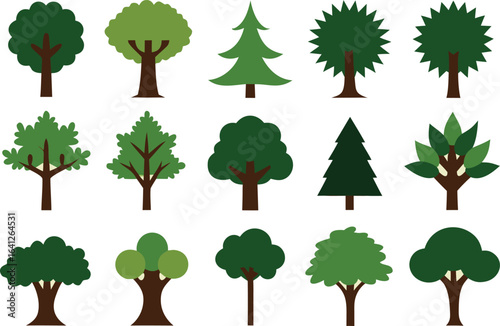 Collection of stylized green trees with brown trunks on a light background