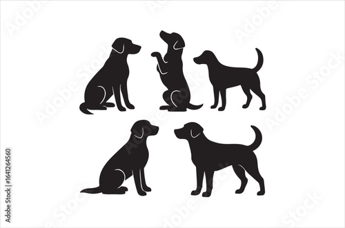 Dog silhouettes bundle , playful puppy icons, sitting, standing, running, vector pet clipart for trainers, veterinarians, animal shelter marketing, canine logo set, illustration,on white background.