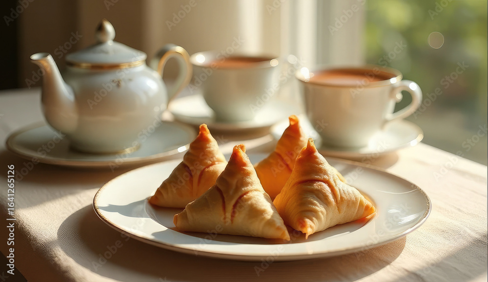 Fototapeta premium Golden samosas and tea, a delightful morning treat.