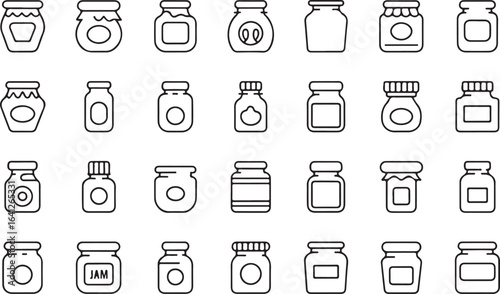 Various jar and label icons in black and white, suitable for home storage, canning, and product packaging illustrations.