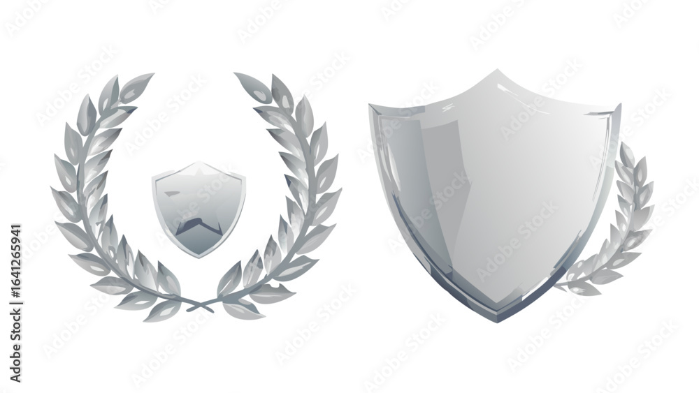 Obraz premium Silver shield laurel wreath emblem award achievement security protection honor heraldry victory design 3d art
