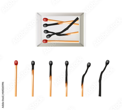 Matchbox, empty package for match sticks in top and perspective view. Realistic mockup of 3d blank box. Stages of burning the match. Symbol of ignition burning. Vector