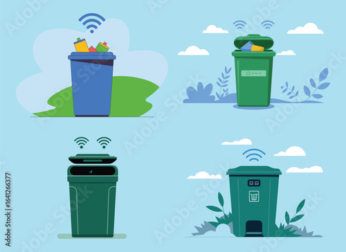 Four Smart Trash Cans with Wi- Fi Signals and Greenery garbage bin smart technology
