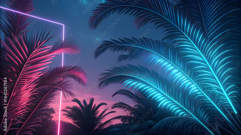 Obraz premium Vibrant pink and cyan neon lights illuminate tropical palm fronds in a retro-futuristic landscape.