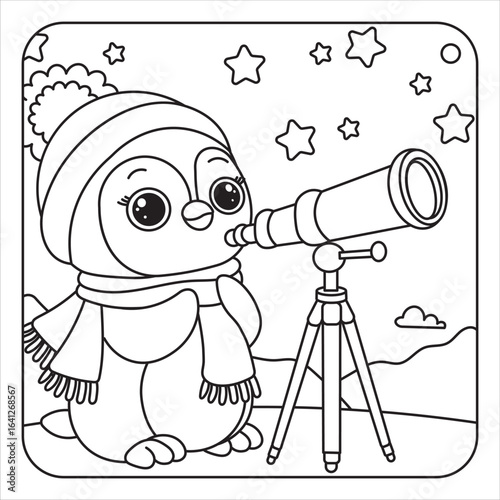 Penguin Stargazing with Telescope