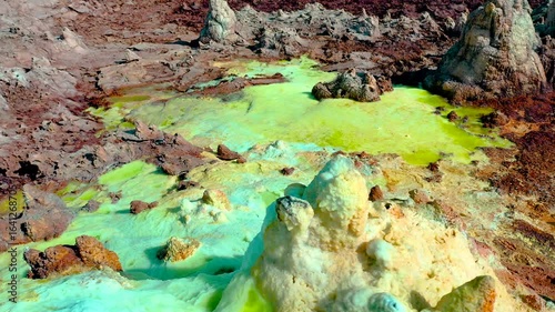 Aerial view of the colored geothermal pools of the Dallol region in Ethiopia Danakil Depression