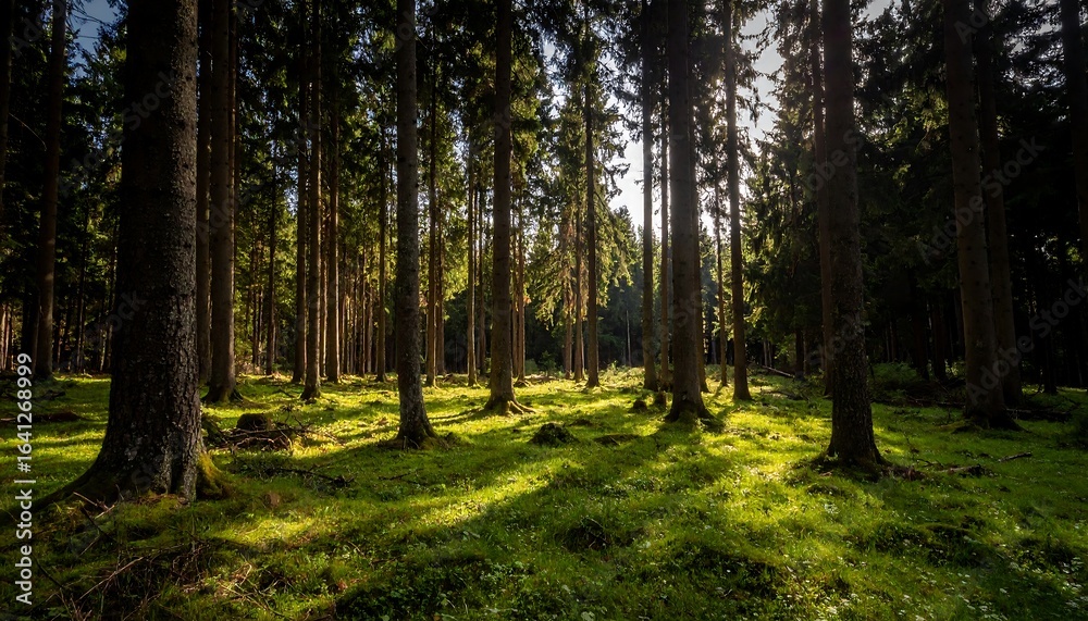 Obraz premium Sunlight filters through a dense forest