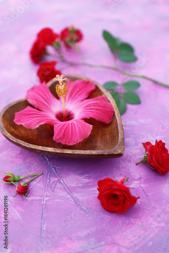 vibrant pink hibiscus flower still life with roses and stems on pink valentine background