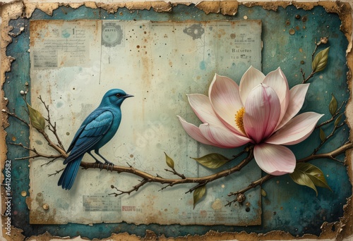 Colorful bird on blooming magnolia branch beside aged handwritten letter on textured paper, evoking a nostalgic natural history theme