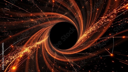 A black hole distorting space-time with quantum particles dancing harmoniously around it.