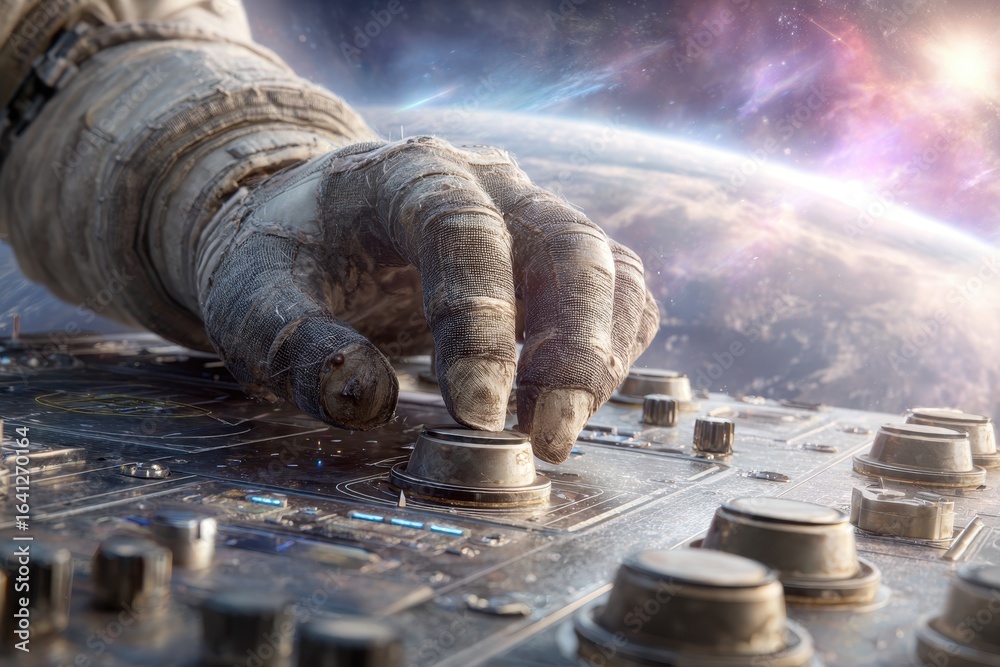 © whitestorm - Astronaut's hand on control panel, epic cosmic view of planet and nebula. © whitestorm - Astronaut's hand on control panel, epic cosmic view of planet and nebula.