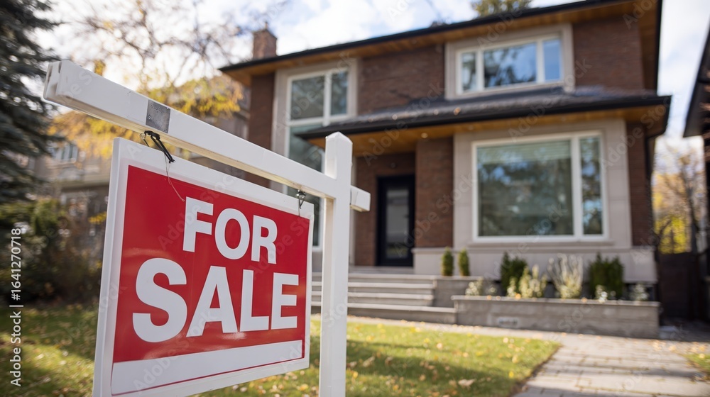 Obraz premium For Sale Sign in Front of a Residential Home, Real Estate Opportunity and Investment