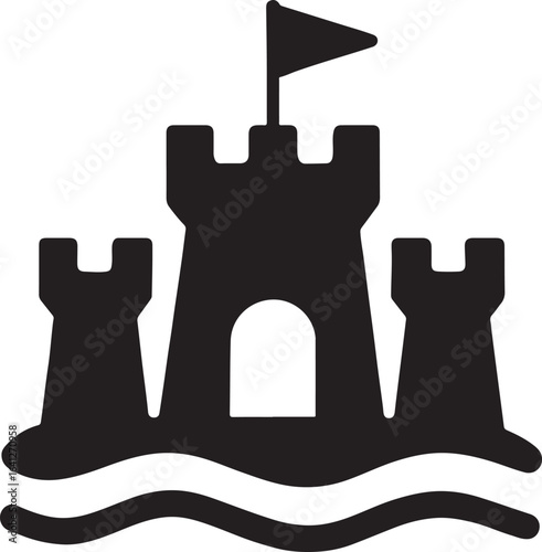 Sandcastle with flag silhouette, perfect for beach, summer, and vacation-themed vector design projects.