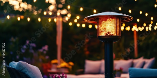 Patio heater tall lamp string lights evening outdoor ambiance