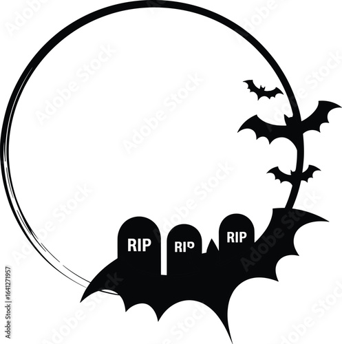 Halloween graveyard frame with bats, spooky tombstone circle design, RIP headstone