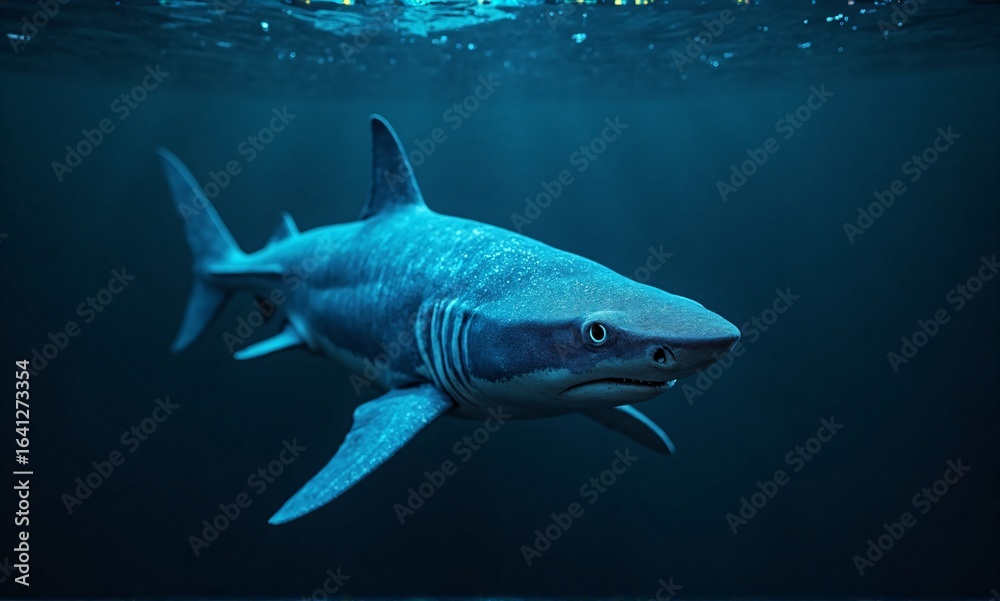 Fototapeta premium A powerful shark glides through the deep blue ocean depths, a magnificent marine predator exploring its vast underwater realm.