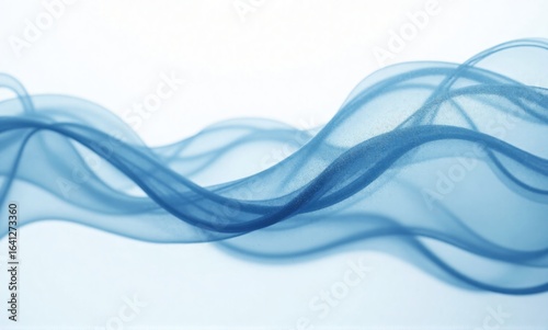 Abstract blue flowing lines create graceful, translucent waves against a clean white backdrop, evoking a sense of calm motion.