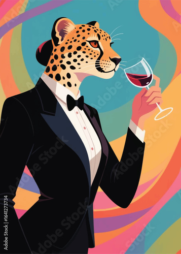 female cheetah in formal attire with wine glass Illustrator Artwork design template poster