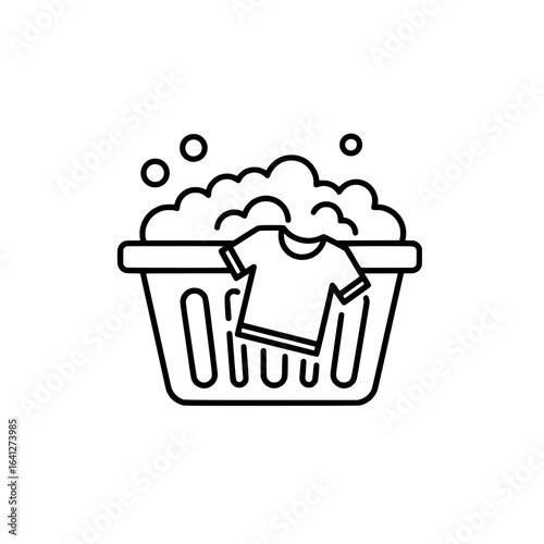 Laundry Basket Icon with Soap Suds and T-Shirt – Line Style Illustration