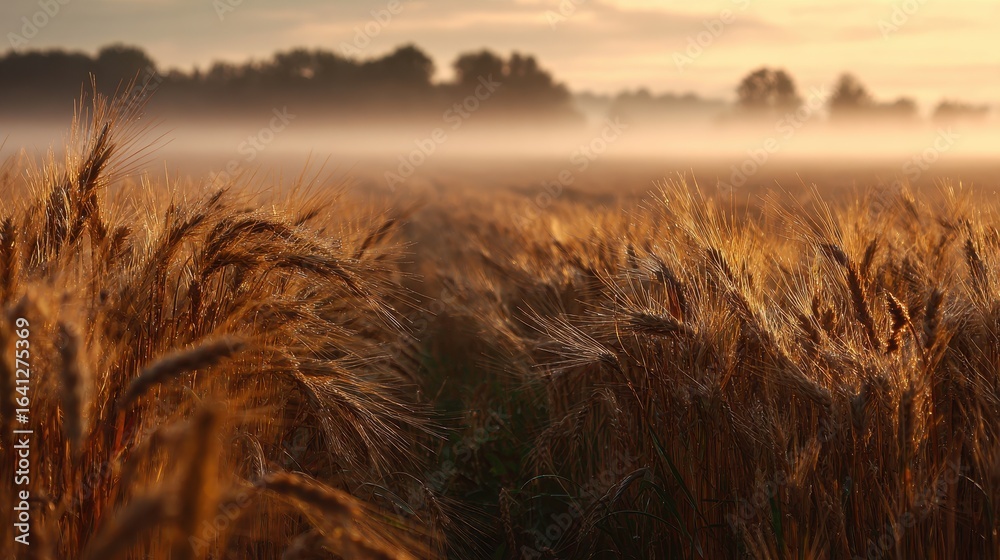 Fototapeta premium Wheat Field Sunrise Golden light on crops, forest in fog background for agriculture use
