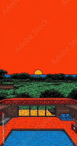 Pixelated Sunset View from Modern Home