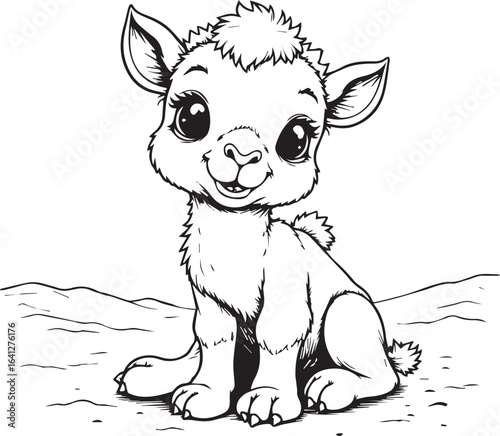 Llama Cub's Sweet Smile: Adorable sketch of a baby llama sitting, radiating charm. It's a perfect combination of simple lines and appealing shapes.