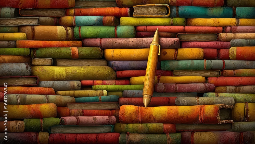 Fototapeta premium Stacked books with a pen