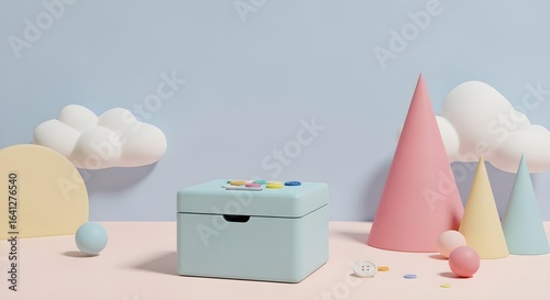 Pastel toy box with colorful buttons soft clouds and geometric shapes baby