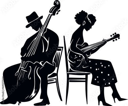 A single-line illustration depicts individuals playing classical music instruments, featuring a man with an acoustic guitar and a girl with a double bass set against a white background in a