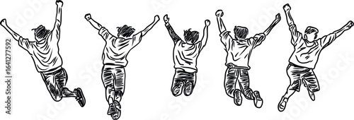 A group of people jumping appears happy and carefree in a continuous one-line drawing that embodies minimalist design, conveying a modern illustration of simplicity and conceptual metaphor