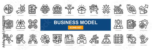 Business Model Canvas line icons collection. Segmentation, Revenue Growth, Strategic Planning, Business Team, Corporate Structure, Customer Satisfaction. Simple vector illustration