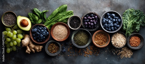Assorted healthy foods in small bowls on a dark surface